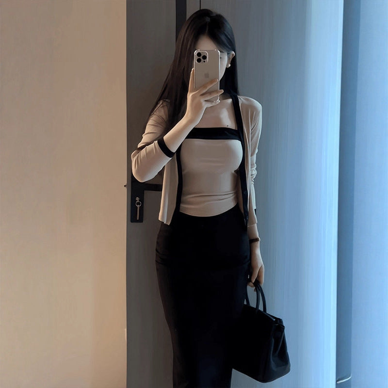 Pure And Alluring Contrasting Color Off-Shoulder Camisole With Cardigan Inner Set