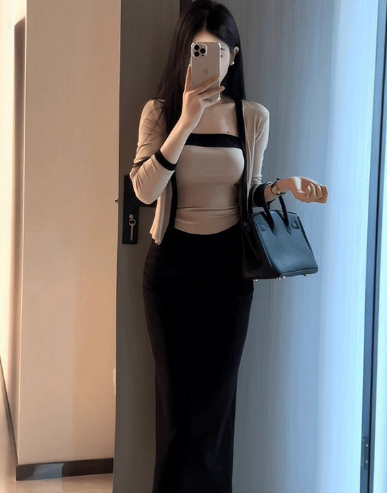 Pure And Alluring Contrasting Color Off-Shoulder Camisole With Cardigan Inner Set