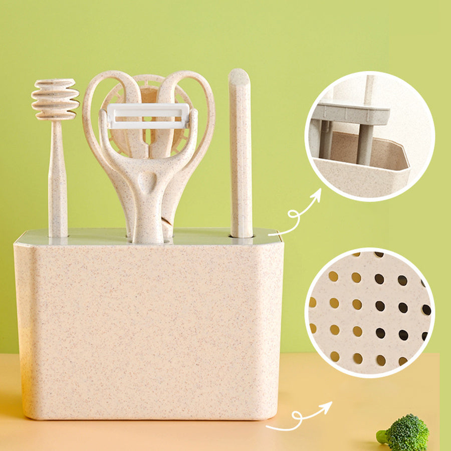 7pcs Kitchen Small Tool Multifunctional Cooking Set, Made Of Wheat Straw Material, With Storage Seat, Melon Planer, Baking Tools