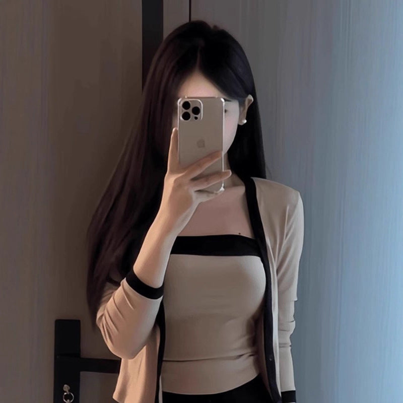 Pure And Alluring Contrasting Color Off-Shoulder Camisole With Cardigan Inner Set